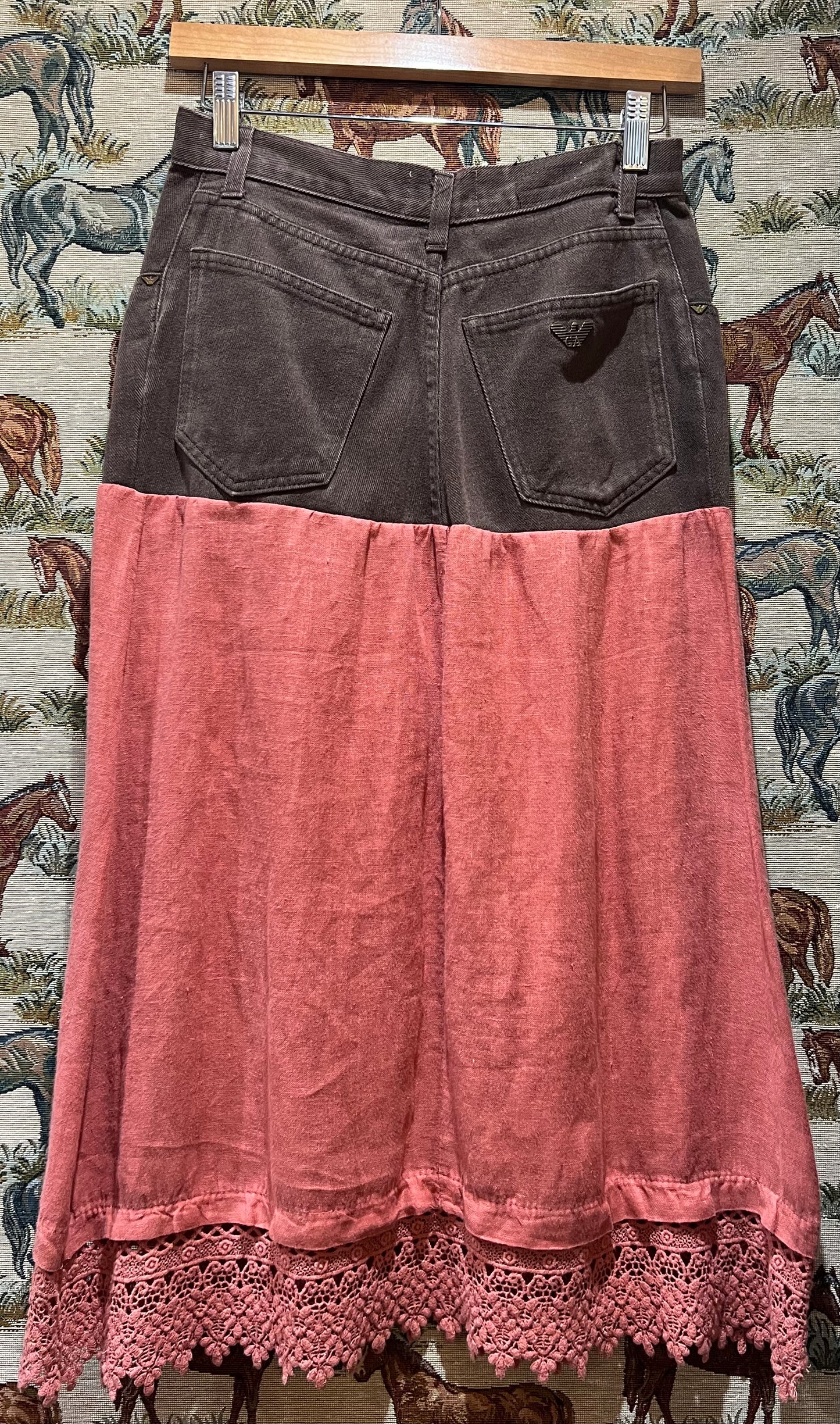 Brown Denim + Linen Upcycled Skirt