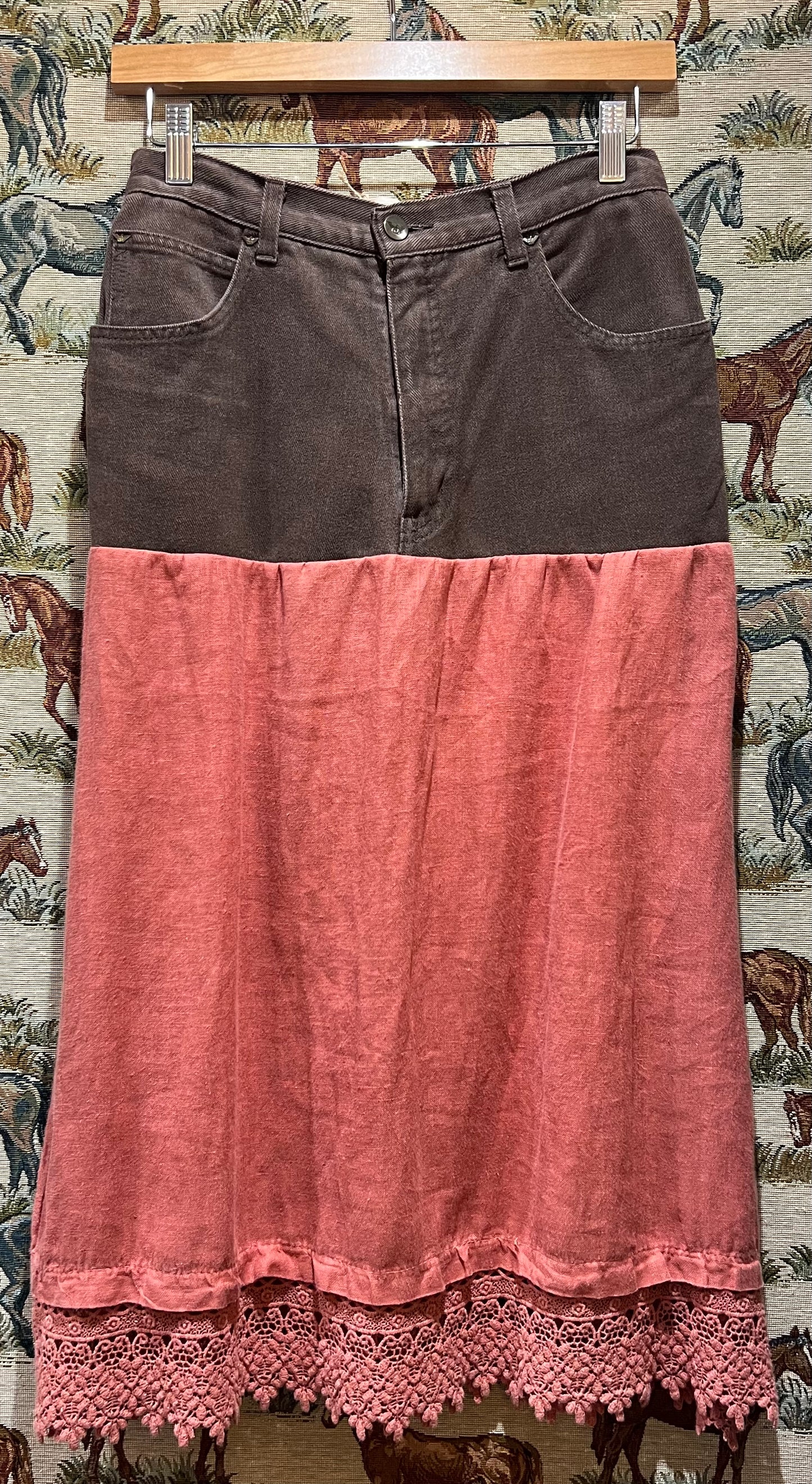 Brown Denim + Linen Upcycled Skirt