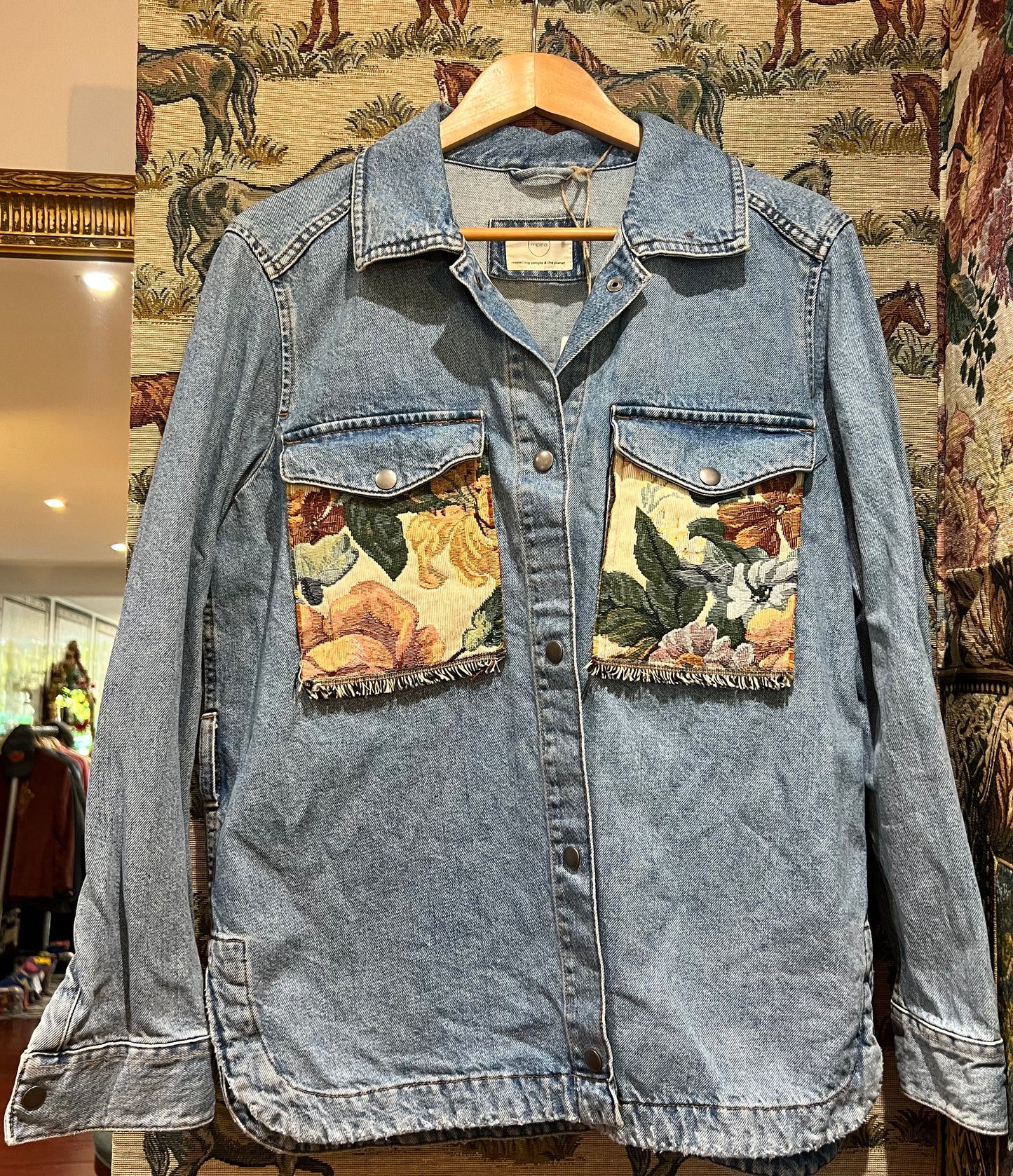 Upcycled Loose Denim Jacket With Tapestry