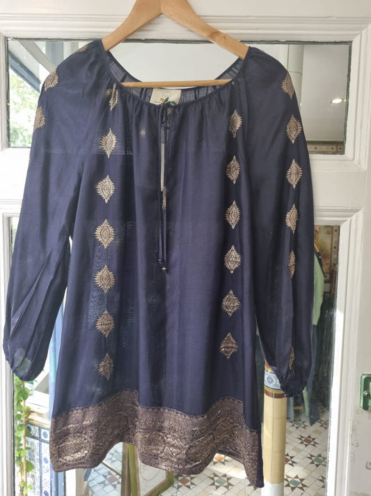 An Indigo and Metallic Silk Sari Top from mpira.