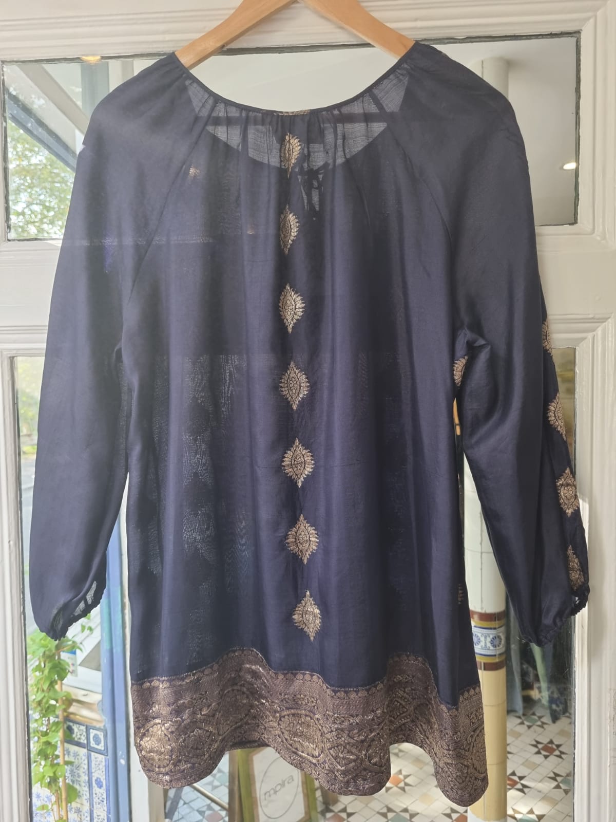 An Indigo and Metallic Silk Sari Top from mpira.